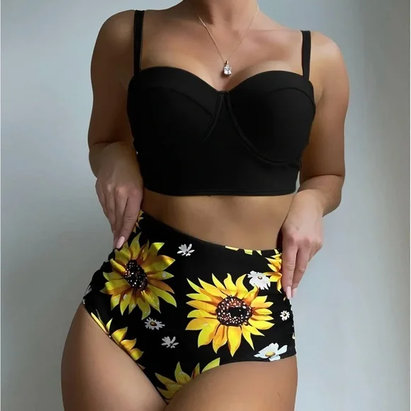 Sunflower Print Push Up High Waisted Bikini Set - Picture 1 of 9